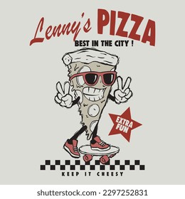 Vector illustration of cartoon pizza skateboard and typography elements. For Boys t-shirt.