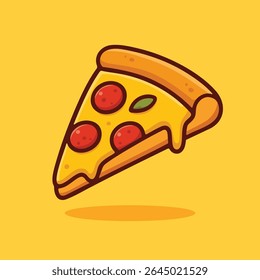 Vector illustration of a cartoon pizza slice with cheese, pepperoni, and basil. Ideal for food, fast food, and kids' menu designs.

