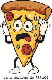 Vector illustration of a cartoon pizza slice with a shocked face, vibrant colors, and playful design elements