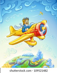 Vector illustration of cartoon plane with smiling pilot flying over the earth