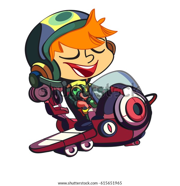 Vector illustration of cartoon plane with smiling\
pilot. smiling kid\
flying.