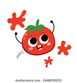 Vector illustration cartoon of a playful tomato character flying through air with tomato splatters, celebrating Valencia’s Tomatina holiday festival