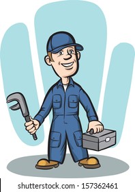 Vector illustration of cartoon plumber with wrench and toolbox. Easy-edit layered vector EPS10 file scalable to any size without quality loss. High resolution raster JPG file is included. 