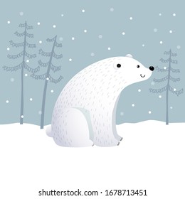 Vector illustration cartoon polar bear with winter landscape scene on a snowy day.