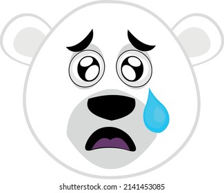 Vector illustration of a cartoon polar bear face with a sad expression and a tear falling from one of his eyes
