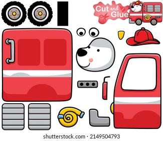 Vector illustration of cartoon polar bear wearing fireman helmet on firetruck. Cutout and gluing