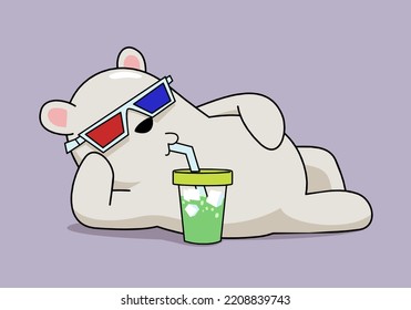 Vector illustration of cartoon polar bear calmly lay down and enjoy drinking with 3d glasses. Perfect for children illustration and mascot design