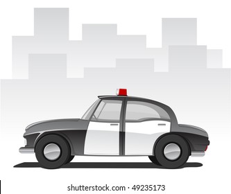 Vector illustration of cartoon police car, abstract city on background