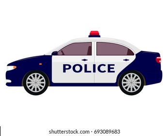 Vector illustration of a cartoon police car. Isolated white background. Flat style, side view.