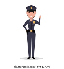 Vector illustration of a cartoon police girl waving her hand. Isolated white background. Woman police officer in uniform and a hat. Flat style. 
