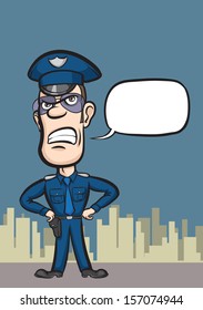 Vector illustration of cartoon policeman with speech bubble. Easy-edit layered vector EPS10 file scalable to any size without quality loss. High resolution raster JPG file is included.