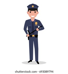 Vector illustration of a cartoon policeman in uniform and a police baton. Isolated white background. Flat style. Male police officer.
