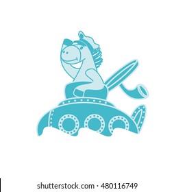Vector illustration of cartoon pony on a submarine in the captain's cap. Print for children's clothing, utensils, fabrics and toys
