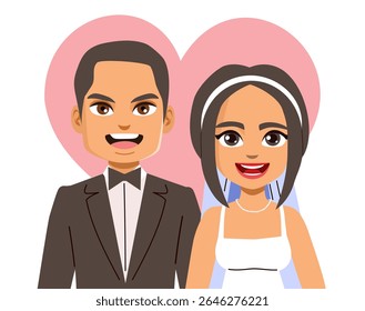 Ilustração vetorial retrato de uma noiva e noivo no dia do casamento, celebrando o amor e a união romântica com alegria e felicidade