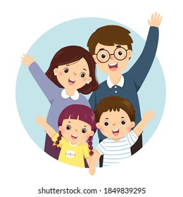 Vector Illustration Cartoon Of A Portrait Of Four Members Happy Family Raising Up Hands. Parents With Kids.