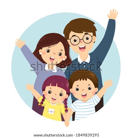 Vector illustration cartoon of a portrait of four members happy family raising up hands. Parents with kids.