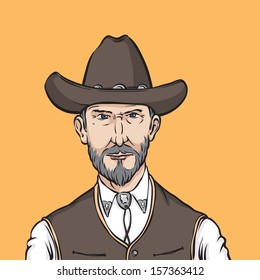 Vector illustration of cartoon portrait of wild west rough man. Easy-edit layered vector EPS10 file scalable to any size without quality loss. High resolution raster JPG file is included.