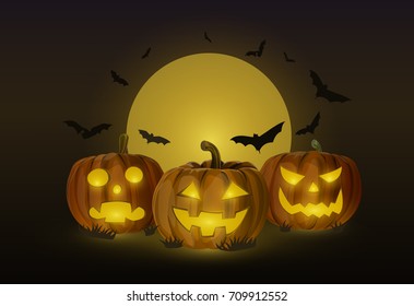 Vector Illustration and Cartoon postcard trick or treat : Head Pumpkin Jack o Lantern Halloween in the dark of the night. With the moon as the background and Flock Bats fly around.