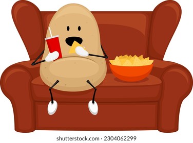 Vector illustration of a cartoon potato seated on a couch, snacking on corn chips and a soda.