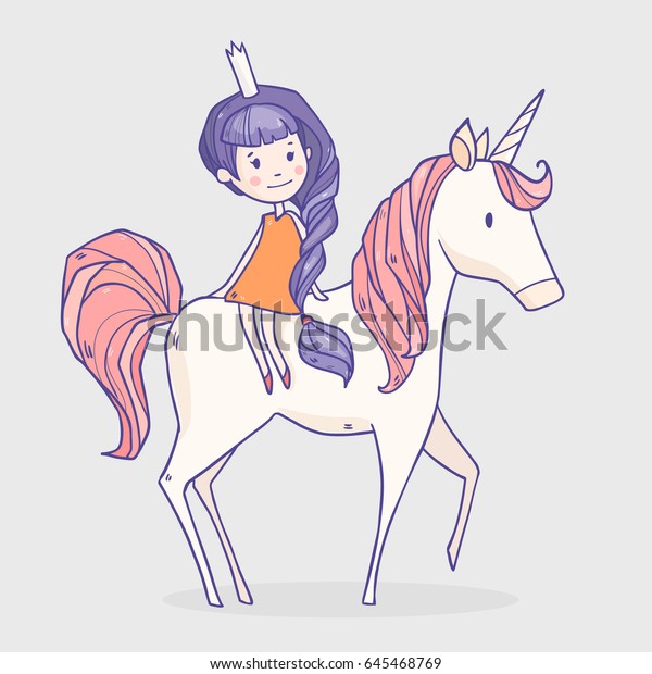 かわいい白馬のユニコーンに紫色の髪をした漫画のお姫様とピンクの髪を乗せたベクターイラスト のベクター画像素材 ロイヤリティフリー