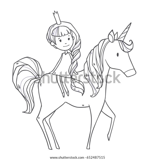 可愛い馬のユニコーンに乗った漫画のお姫様の女の子を描いたベクターイラスト のベクター画像素材 ロイヤリティフリー
