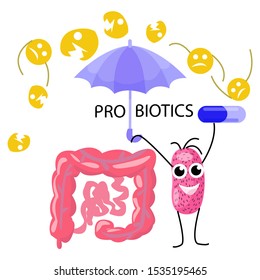 Vector illustration of cartoon probiotic bacteria protecting intestines with an umbrella from harmful bacteria. In his hand he holds and shows capsule with probiotics.