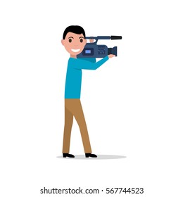 Vector illustration of a cartoon professional videographer. Isolated on white background. Man with the video camera. Male video operator profession. Flat style.
