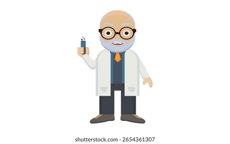 Ilustração vetorial de um professor de desenho animado segurando um tubo de ensaio cheio de líquido químico. O personagem usa um jaleco, óculos e é projetado em um estilo de desenho animado plano. 