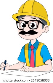 Vector illustration of a cartoon project supervisor or construction engineer wearing a yellow hard hat, glasses, and safety vest while writing on paper