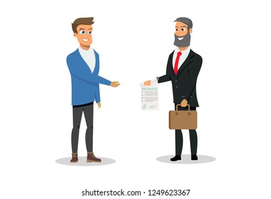 Vector Illustration Cartoon Property Insurance. Smiling Insurance Agent provides Client with a satisfactory Insurance Policy. Concept Property and life Insurance. Isolated on White Background.