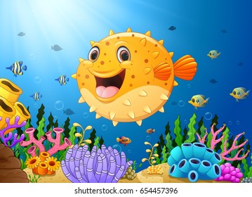 Vector illustration of Cartoon puffer fish with sea life
