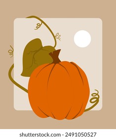 Vector illustration of a cartoon pumpkin with bright sun. Thanksgiving and organic concept. Bright orange plant with green leaf.