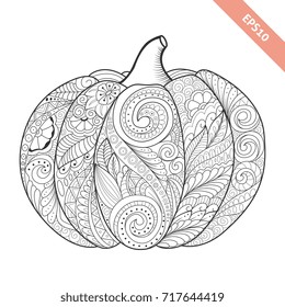 Vector illustration cartoon pumpkin with floral ornament. Coloring book page. Decorative element.