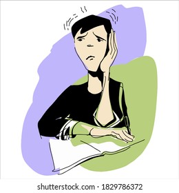 Vector illustration. Cartoon pupil or student with a notebook. His face is sullen and worried.