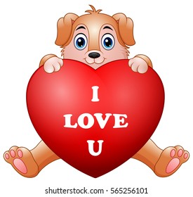 Vector illustration of Cartoon puppy holding red heart