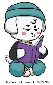 Vector illustration of a cartoon puppy reading a book. Fully Editable.