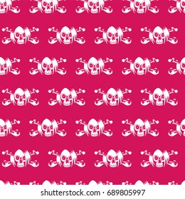 Vector illustration cartoon purple emo girl skull with hair and crossed bones. Seamless background. For t-shirt design or print on textile.