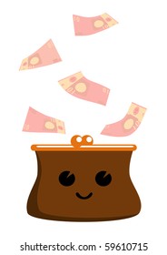 Vector illustration of cartoon purse and a lot of euros