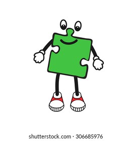 Vector Illustration of Cartoon puzzle character. Pop art comic character of jigsaw. puzzle boy character. Comics caricature of kids character. boy in sneakers and  gloves
