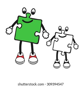 Vector Illustration of Cartoon puzzle character. Pop art comic character of jigsaw. puzzle boy character. Comics caricature of kids character. boy in sneakers and  gloves