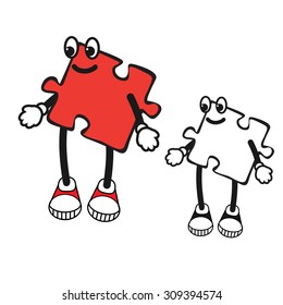 Vector Illustration of Cartoon puzzle character. Pop art comic character of jigsaw. puzzle girl character. Comics caricature of kids character. boy in sneakers and  gloves