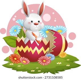Vector illustration of a cartoon rabbit in a broken eggshell surrounded by spring flowers