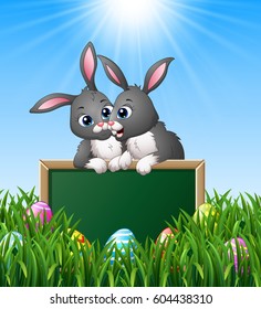 Vector illustration of Cartoon rabbit couples holding green chalkboard in the grass