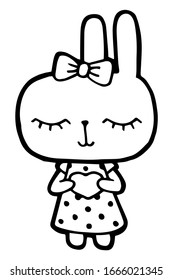 Vector illustration. Cartoon rabbit. Cute character. Girl in a dress with polka dots and with a bow. Heart in the hands. Coloring page. Emotions Stickers Black line. Use for kids stuff