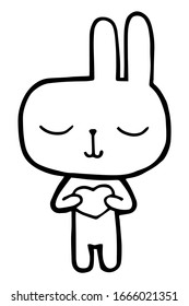 Vector illustration. Cartoon rabbit. Cute character. Rabbit with a heart in his hands. Coloring page. Emotions Stickers Black line. Use for kids stuff. Love, romance and friendship. Joy and happiness.