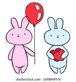 Vector illustration. Cartoon rabbit. Cute character. Rabbit with a balloon and a heart in his hands. Coloring page. Emotions Stickers Black line. Use for kids stuff. Love, romance and friendship.