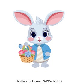 Vector illustration. Cartoon rabbit with flowers in a basket