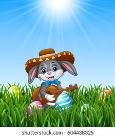 Vector illustration of Cartoon rabbit mexican playing guitar and singing in the grass