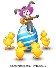 Vector illustration of Cartoon rabbit playing guitar on a large egg is decorated and surrounded by chicks