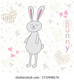 Vector illustration of a cartoon rabbit. Cartoon print. Flat lay, top view.